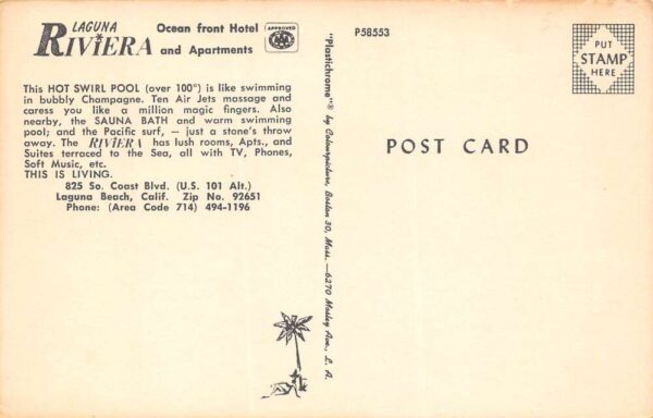 Laguna Beach California Laguna Riviera Hot Tub guests Vintage Postcard U980 - Image 2