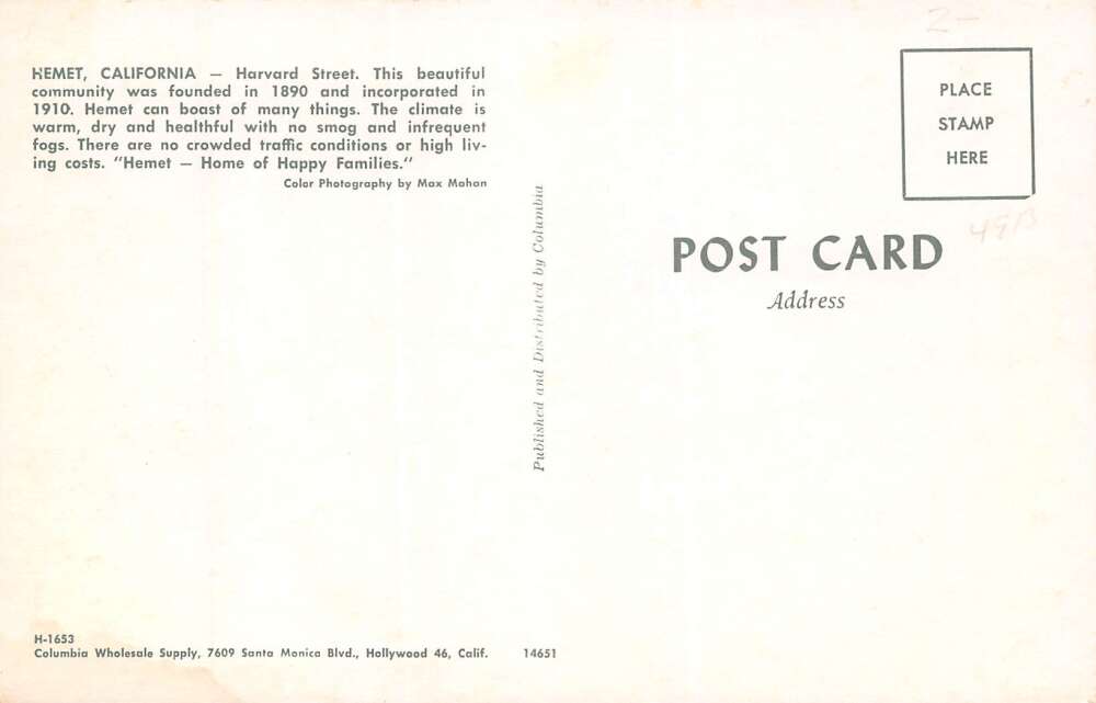 Hemet California Harvard Street Storefronts Vintage Postcard U985 - Image 2
