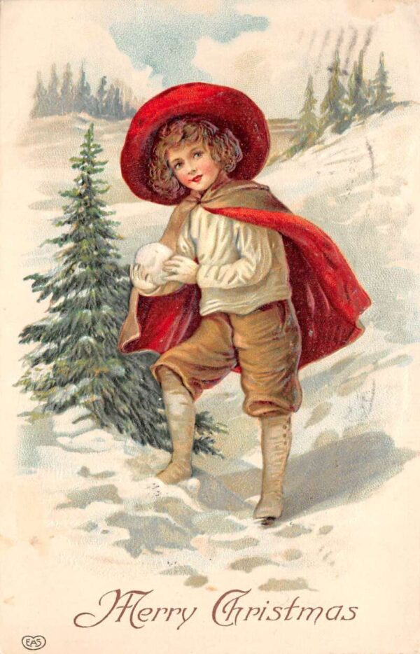Christmas Greetings Boy with Snowball Red Cape Vintage Postcard AA64262