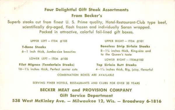 Milwaukee Wisconsin Becker Meat's Gift Steak Food Adv Non PC Back AA64266 - Image 2