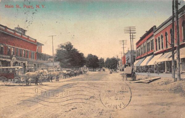 Perry New York Main Street Shops and Carriages Vintage Postcard U1142