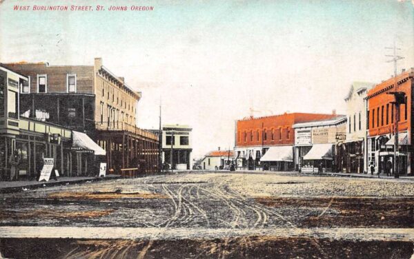 St. Johns Oregon West Burlington Street Storefronts Vintage Postcard U1159