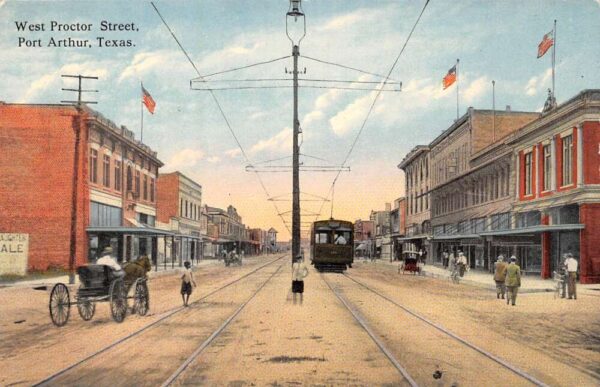 Port Arthur Texas West Proctor Street Carriages and Streetcar Vintage PC U1160