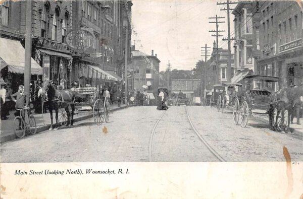 Woonsocket Rhode Island Main Street Looking North Storefronts Vintage PC U1195