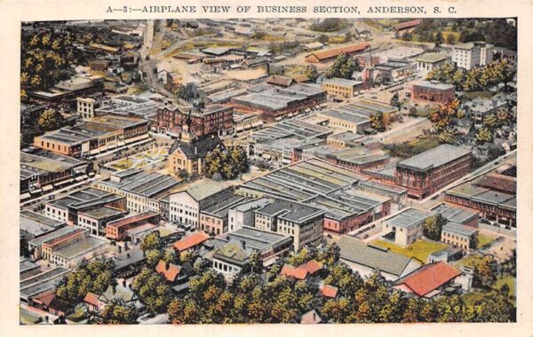 Anderson South Carolina Airplane View of Business Section Vintage Postcard U1208