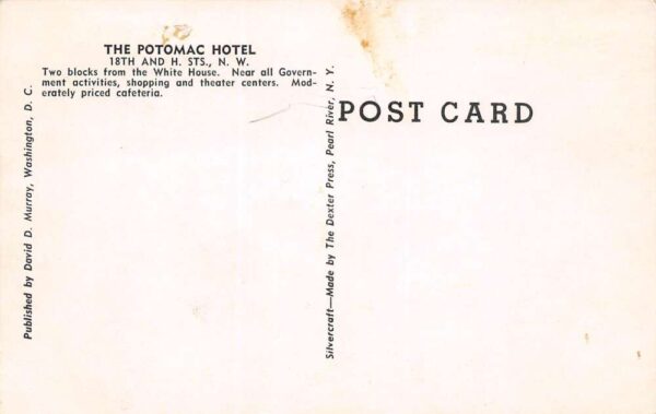 Washington D.C. Potomac Hotel B/W Photograph Vintage Postcard U1255 - Image 2