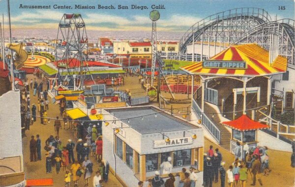 San Diego California Mission Beach Amusement Center Aerial View Postcard U1264