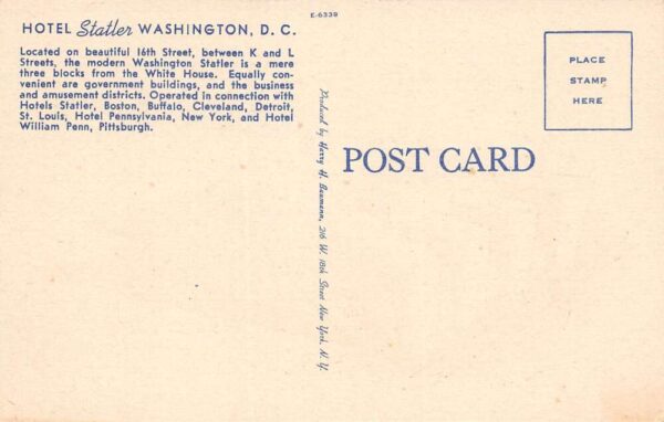 Washington D.C. Hotel Statler Hotel Advertisement Vintage Postcard U1270 - Image 2