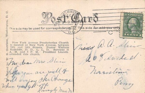 Washington D.C. Presbyterian Church New York Avenue Vintage Postcard U1279 - Image 2