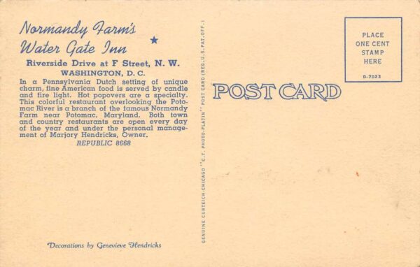 Washington D.C. Water Gate Inn Dining Room Vintage Postcard U1281 - Image 2
