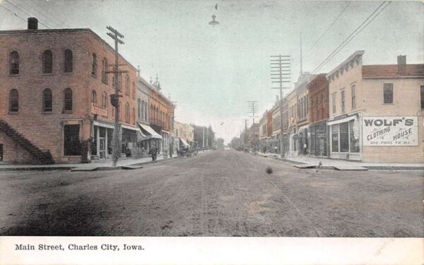 Charles City Iowa Main Street Wolf's Clothing House Vintage Postcard U1342