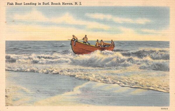 Beach Haven New Jersey Fish Boat Landing in Surf Vintage Postcard U1437