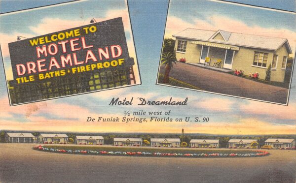 De Funiak Springs Florida Motel Dreamland Multi View Linen Card Vintage PC U1494