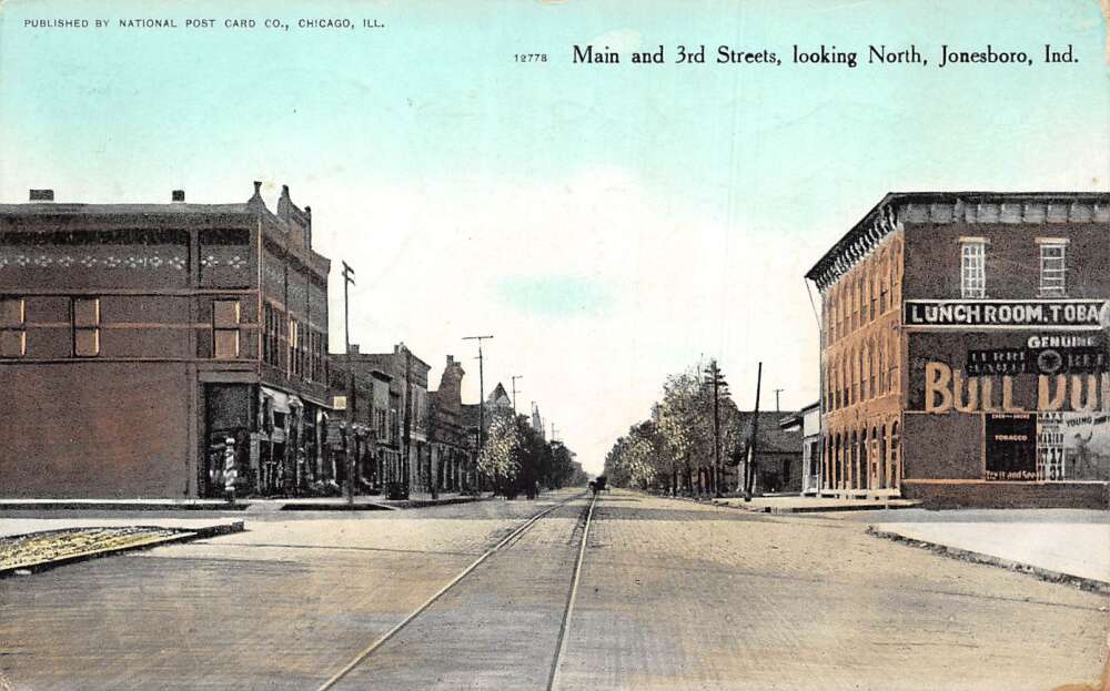 Jonesboro Indiana Main and Third Streets Looking North Vintage Postcard