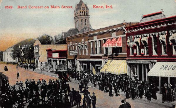Knox Indiana Band Concert on Main Street Vintage Postcard U1445