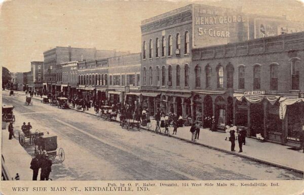 Kendallville Indiana West Side of Main Street B/W Lithograph Vintage PC U1447