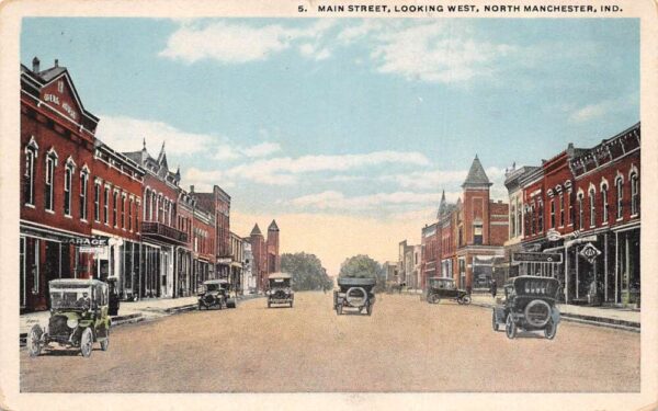 North Manchester Indiana Main Street Looking West Vintage Postcard U1474