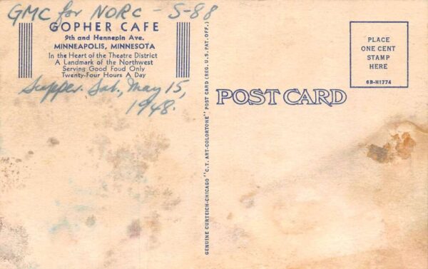 Minneapolis Minnesota Gopher Cafe Exterior Linen Card Vintage Postcard U1482 - Image 2