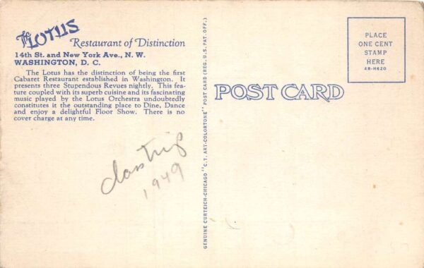 Washington D.C. The Lotus Chinese American Restaurant Color Linen Card PC U1540 - Image 2