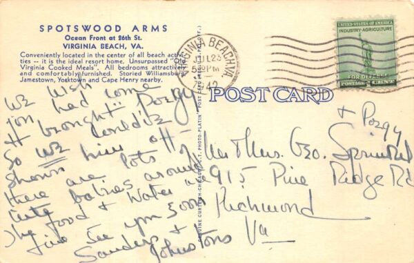 Virginia Beach Virginia Spotswood Arms Resort Home White Border Vintage PC U1583 - Image 2