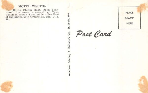 Greenfield Indiana Motel Weston B/W Photochrome Vintage Postcard U1585 - Image 2