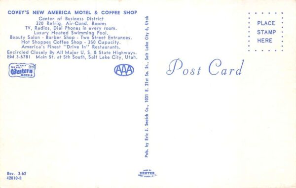 Salt Lake City Utah Covey's New America Motel & Coffee Shop Vintage PC U1587 - Image 2