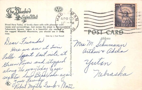 Logan Utah The Bluebird Cafe Color Photochrome Vintage Postcard U1616 - Image 2