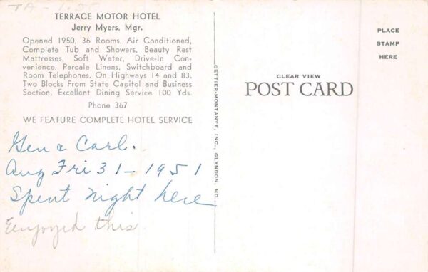 Pierre South Dakota Terrace Motor Hotel B/W Photochrome Vintage Postcard U1623 - Image 2