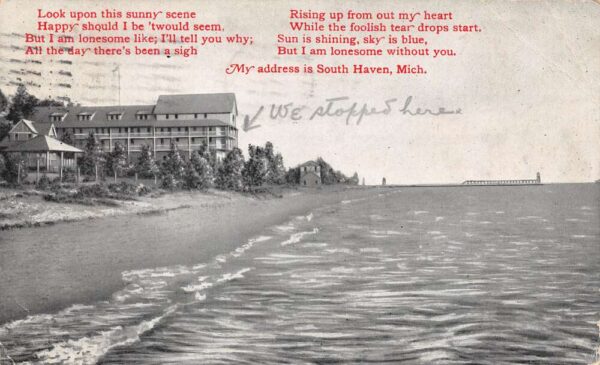 South Haven Michigan Hotel on the Shore B/W Lithograph Vintage Postcard U1668