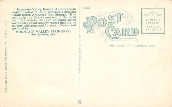 Hot Springs Arkansas Mountain Valley Hotel and Sanitarium Vintage Postcard U1674 - Image 2