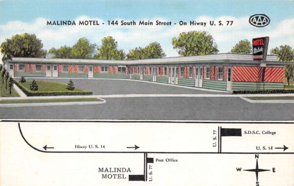 Brookings South Dakota Malinda Hotel Exterior View w/ Map Vintage Postcard U1682