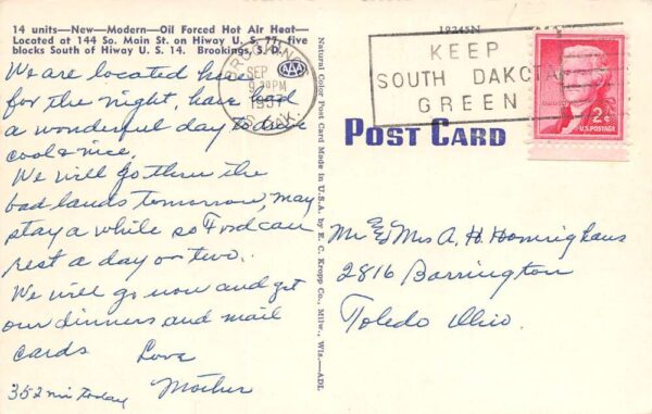 Brookings South Dakota Malinda Hotel Exterior View w/ Map Vintage Postcard U1682 - Image 2