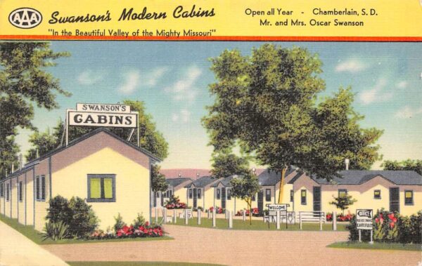 Chamberlain South Dakota Swanson's Modern Cabins Color Linen Card PC U1683