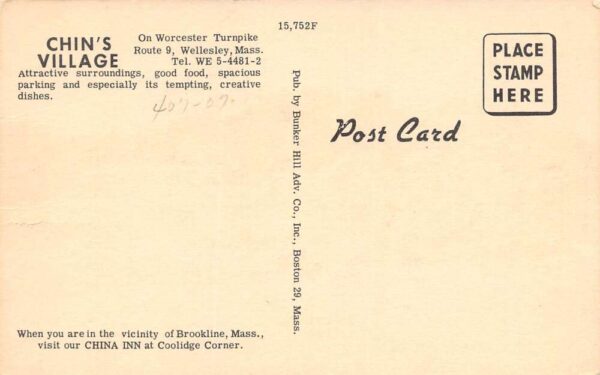 Wellesley Massachusetts Chin's Village Restaurant Color Linen Card PC U1698 - Image 2