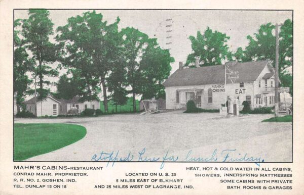 Goshen Indiana Mahr's Cabins & Restaurant White Border Vintage PC U1701