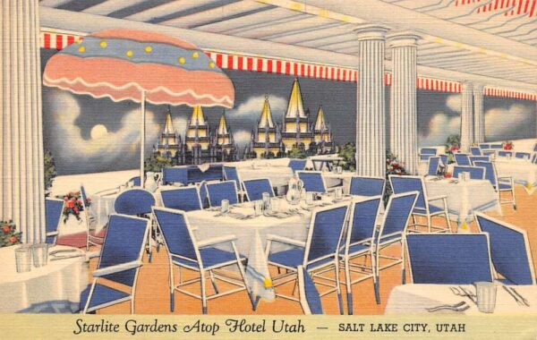 Salt Lake City Utah Starlite Gardens Atop Hotel Utah Color Linen Card PC U1709
