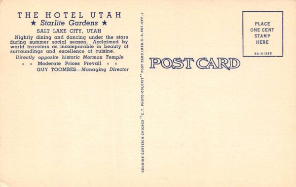 Salt Lake City Utah Starlite Gardens Atop Hotel Utah Color Linen Card PC U1709 - Image 2