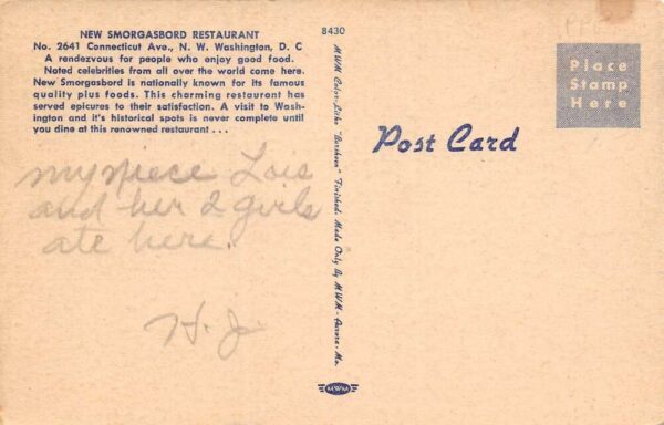 Washington D.C. New Smorgasbord Restaurant Multi-View Linen Card PC U1719 - Image 2