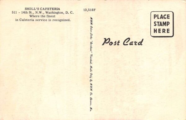 Washington D.C. Sholl's Cafeteria Multi-View Linen Card Vintage Postcard U1720 - Image 2