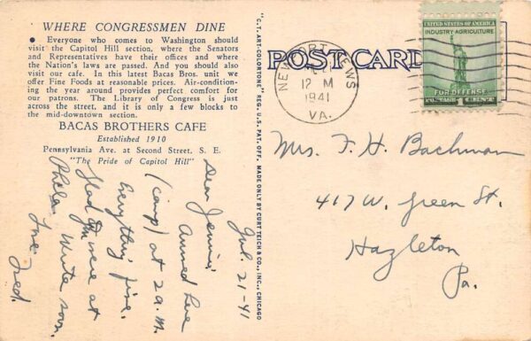 Washington D.C. Bacas Brothers Cafe Multi-View Linen Card Vintage Postcard U1726 - Image 2