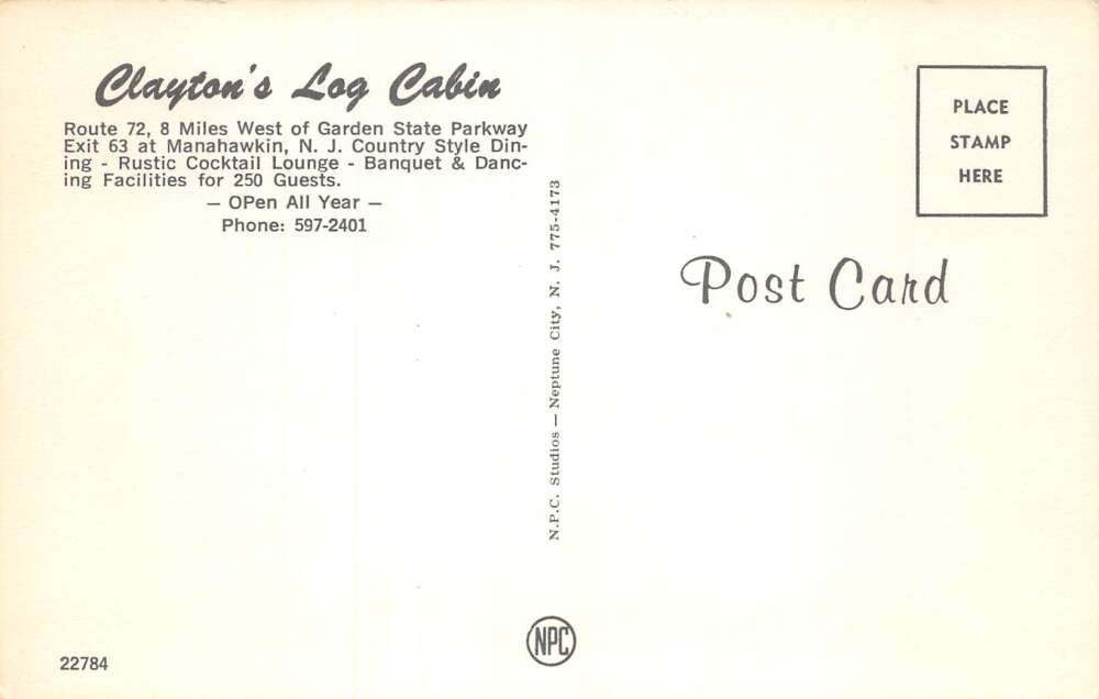 Manahawkin New Jersey Clayton's Log Cabin Dining Room Vintage Postcard