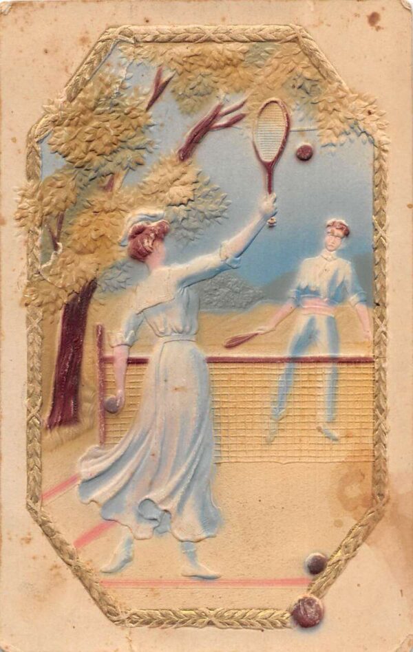 Playing Tennis Embossed Airbrushed Sports Greetings Vintage Postcard AA64498