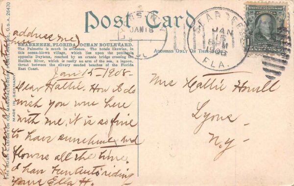 Seabreeze Florida Ocean Boulevard Clarendon Hotel Vintage Postcard U1775 - Image 2