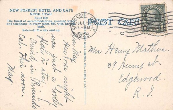 Nephi Utah New Forrest Hotel & Cafe White Borders Vintage Postcard U1786 - Image 2