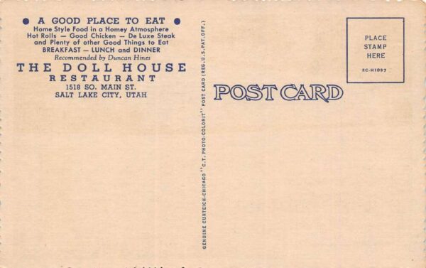 Salt Lake City Utah The Doll House Restaurant Multi-View Linen Card PC U1791 - Image 2