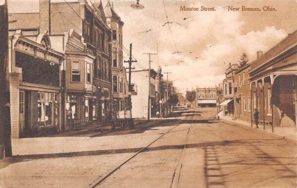 New Bremen Ohio Monroe Street Sepia Tone Lithograph Vintage Postcard U1887
