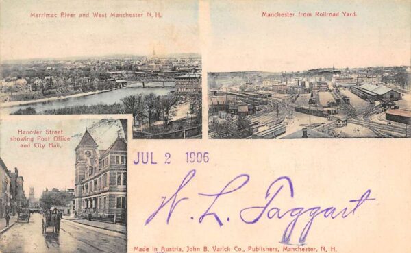 Manchester New Hampshire Multi-Views- Merrimac River, Hanover St., R.R. Yard PC U1950