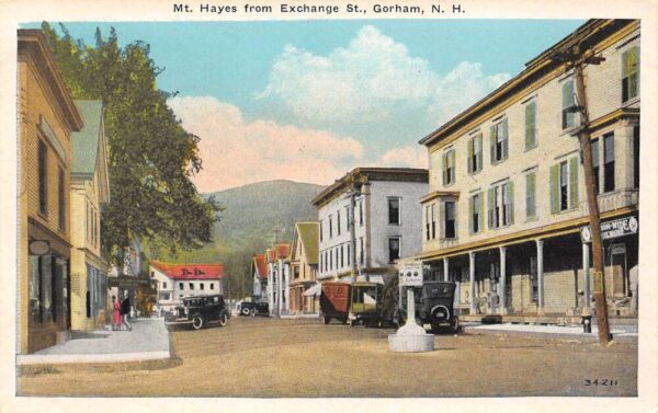 Gorham New Hampshire Mt. Hayes From Exchange Street Cars and Shops PC U1958