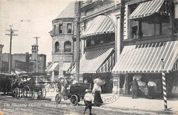 Asbury Park New Jersey The Shopping District B/W Lithograph Vintage PC U1977