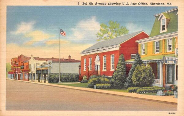Aberdeen Maryland Bel Air Ave. Showing Post Office Color Linen Card PC U1985
